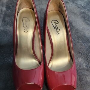 Candie's Glossy Red Peep Toe Heels